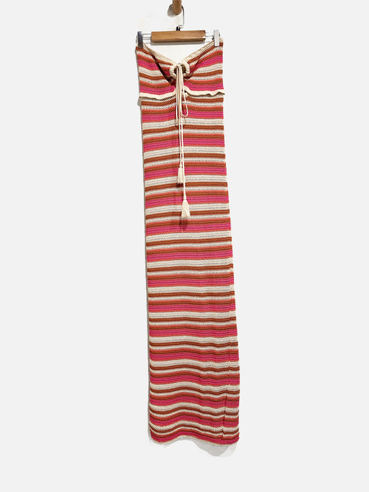 French Quarter Pink Stripe Crochet Halter Dress - Large