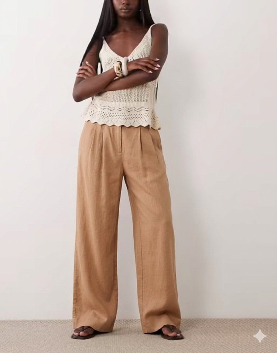 Abercrombie & Fitch Tan Linen Blend Wide Leg Pants - Small