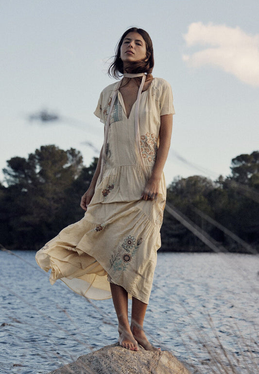 Zara Cream Embroidered Maxi Dress - Medium