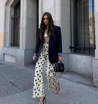 Zara Yellow and Black Floral Wide Leg Pants - 4