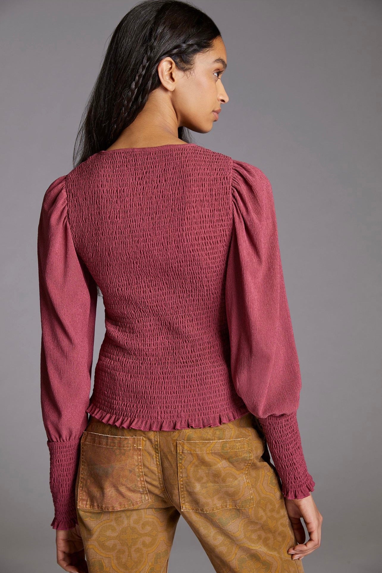 Anthropologie Smocked Puffed Sleeve Top in Raspberry - Medium