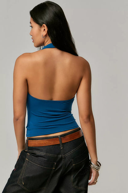Silence + Noise Coyote Cowl Halter Top in Blue - Large