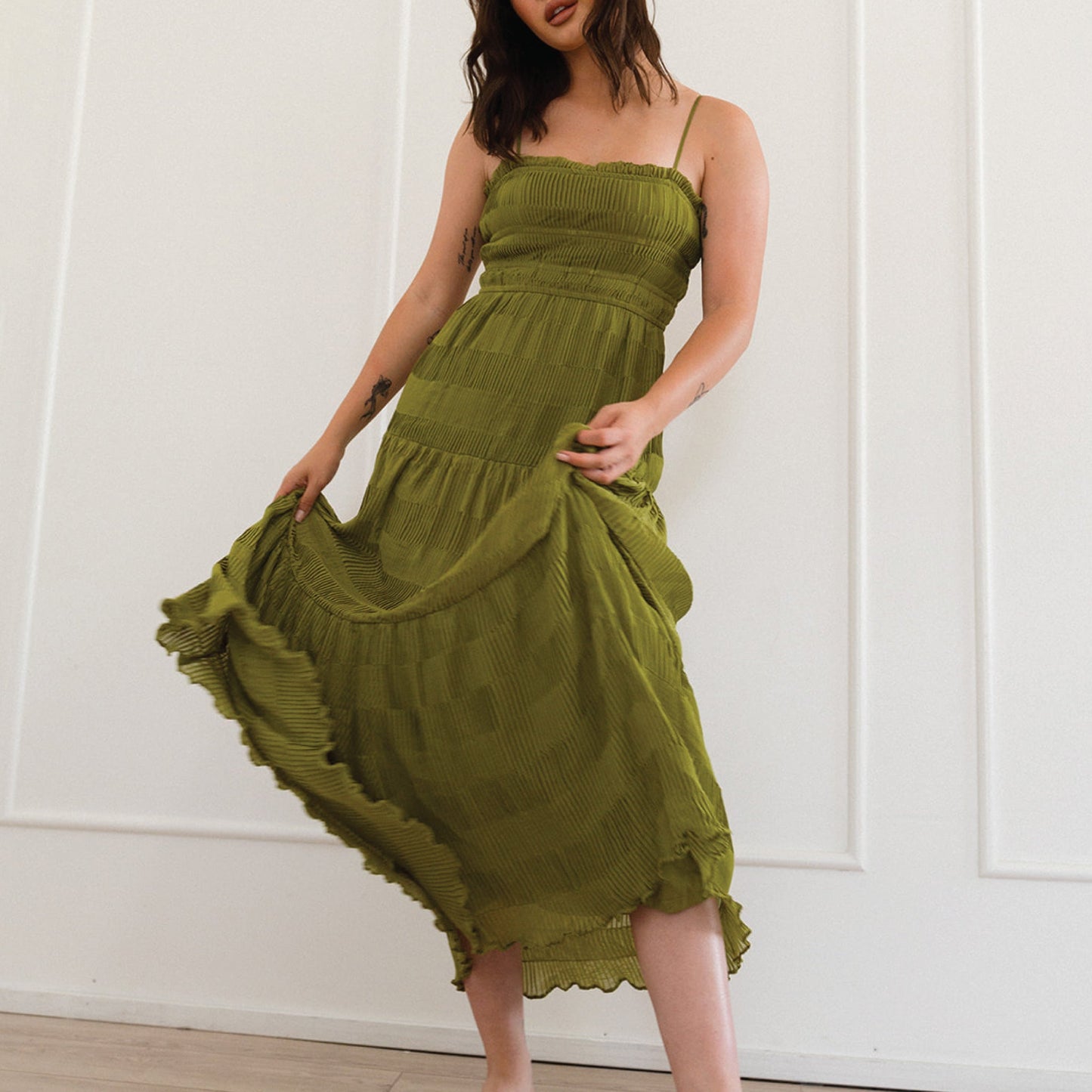 By The River Green Pleated Midi Dress -Small