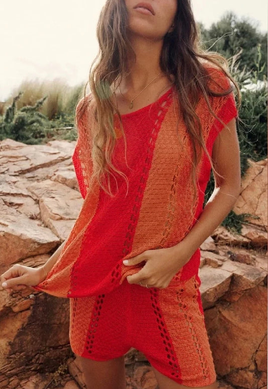 Zara Orange & Red Open Knit Top - Small