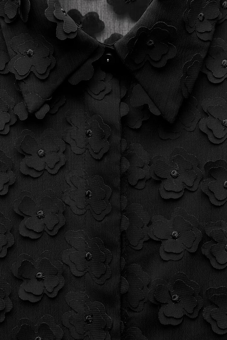 Zara NWT Black Floral Applique Button Down - Small