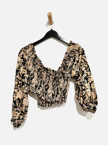 Free People Black Floral Smocked Wrap Top - Small