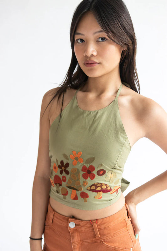 Lakhays Mushroom Embroidery Halter Top in Sage - OS