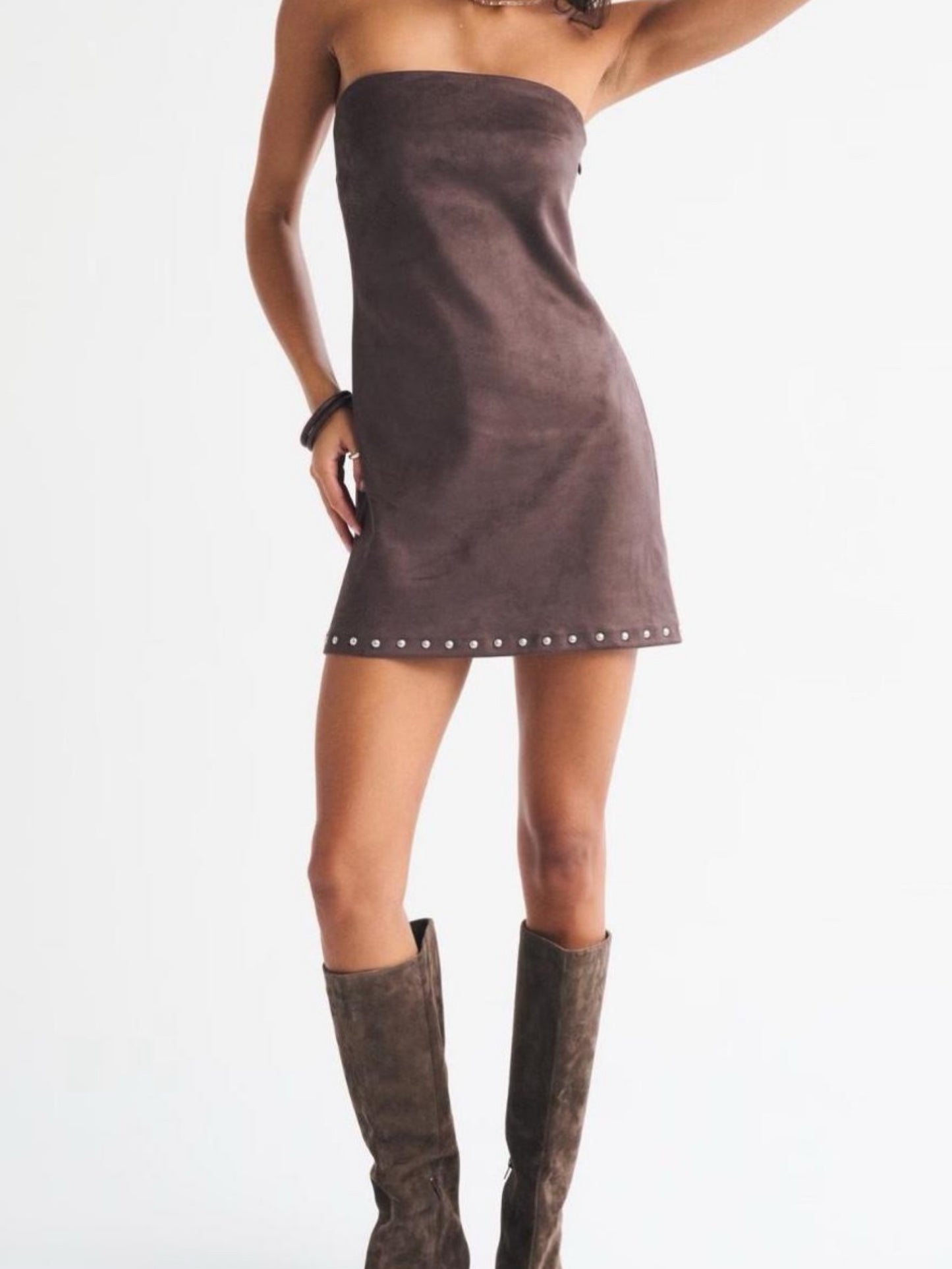 Abercrombie & Fitch Scarlett Strapless Vegan Suede Studded Mini Dress - Large