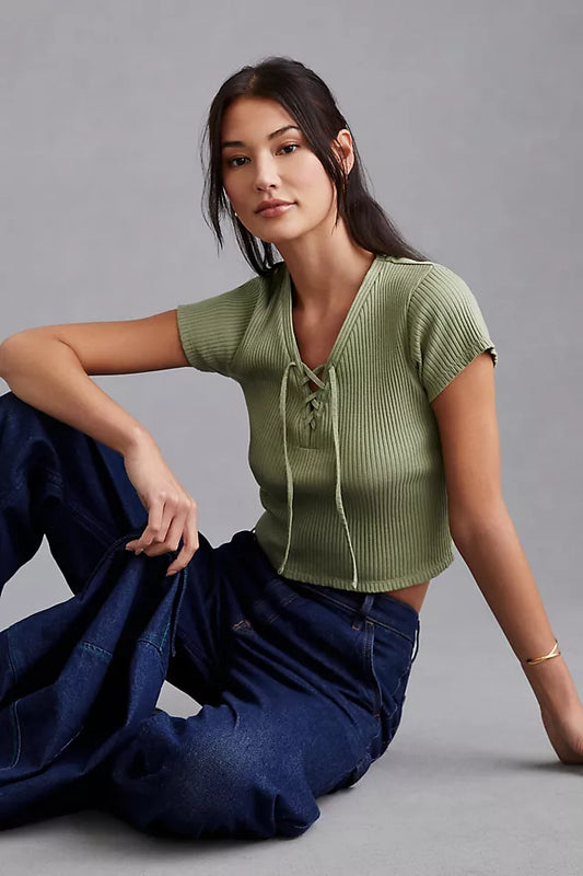 Anthropologie Green Ribbed SS Top - Large