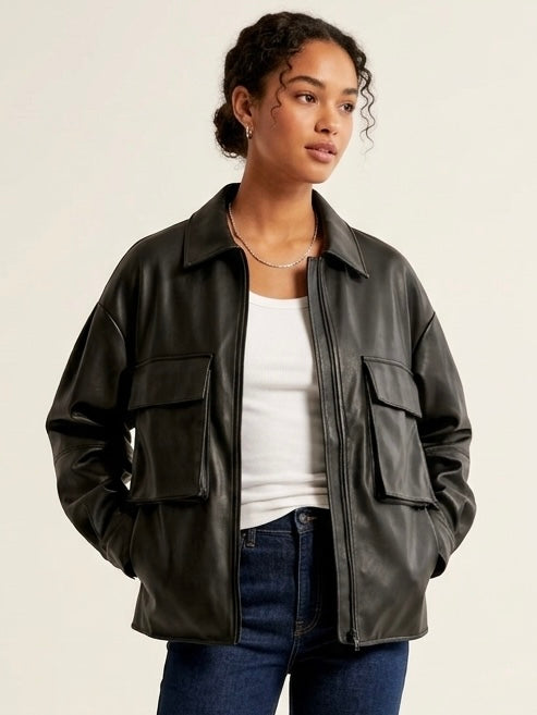 Shinestar Black Faux Leather Cargo Field Jacket - Medium