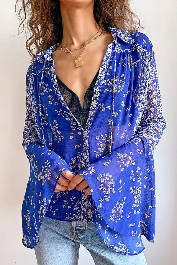 Free People Blue Floral Blouse - Large