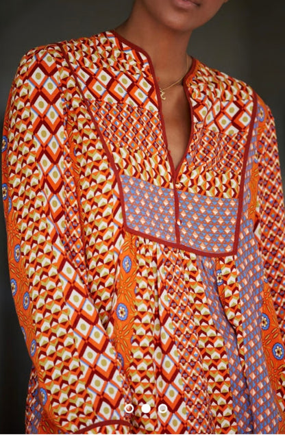 Anthropologie Orange Pattern Blouse - Small
