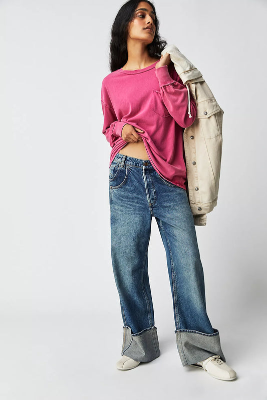 Free People Fade Into You Pink Pocket LS Tee - XS