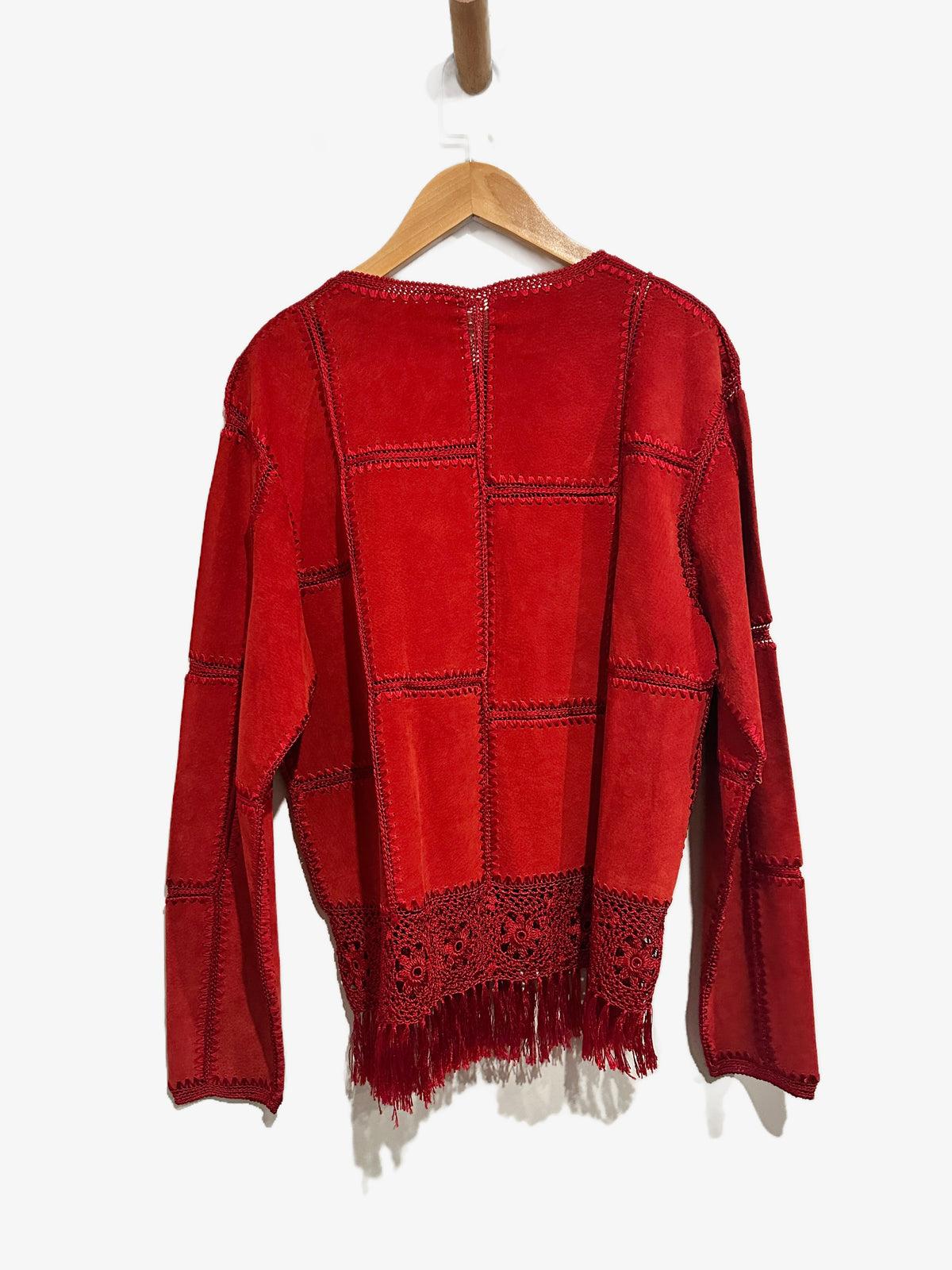 Lisa International Vintage Red Suede Fringe Patchwork Crochet Jacket - Medium