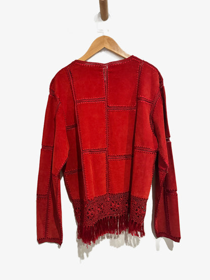 Lisa International Vintage Red Suede Fringe Patchwork Crochet Jacket - Medium