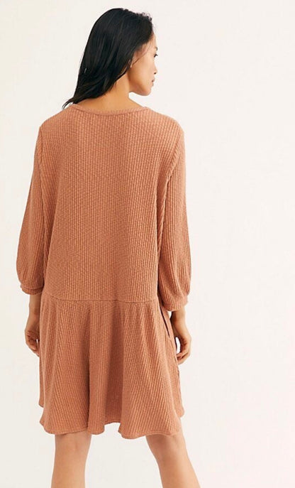 Free People Beach Blossom Button Up Tan Ribbed LS Dress - Medium