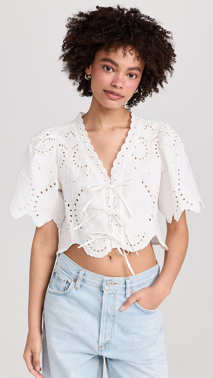 Moon River Puff Sleeve Eyelet Top in Ivory - XS