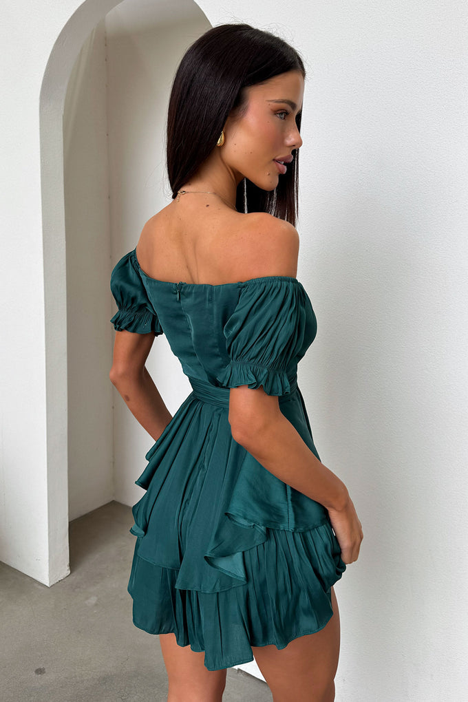 Selfie Leslie Linka Off The Shoulder Tie Back Romper in Emerald - Large