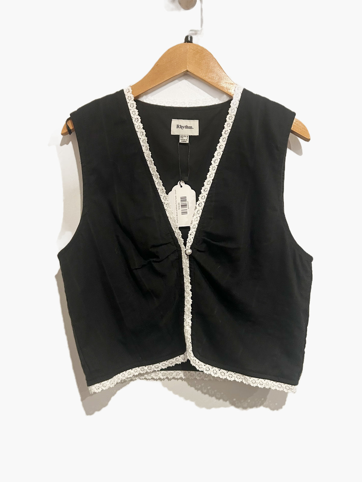 Rhythm Pearl Lace Trim Vest in Black - Small