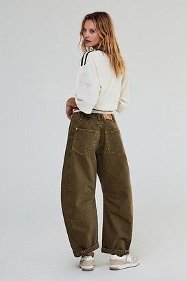 Free People Good Luck Mid Rise Barrel Leg Jeans in Green - 32