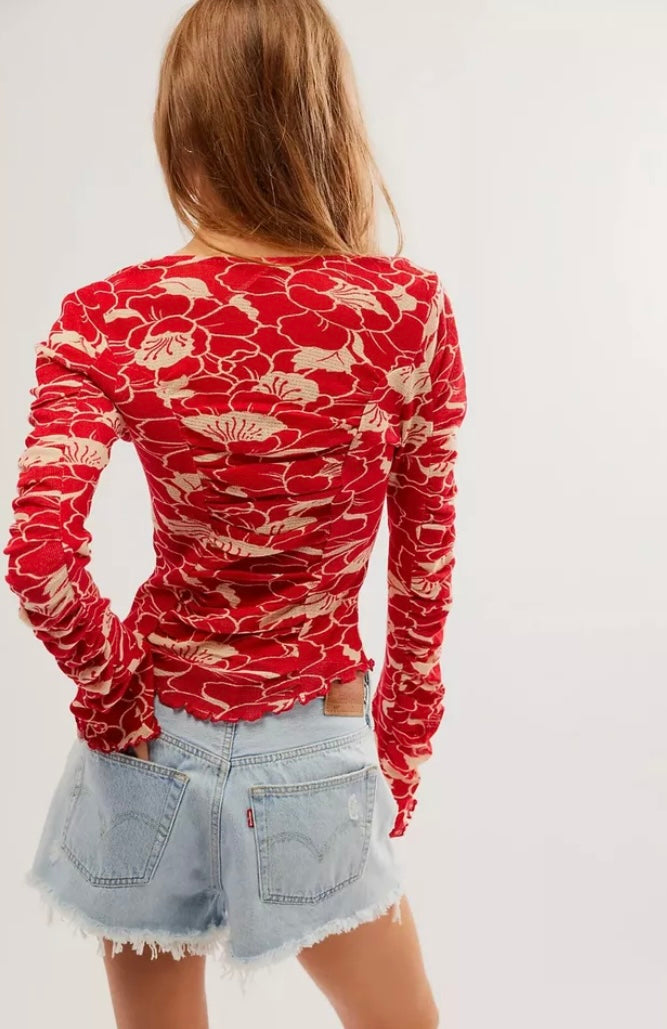 Free People Through the Meadow Red Floral Rushed Top - XS