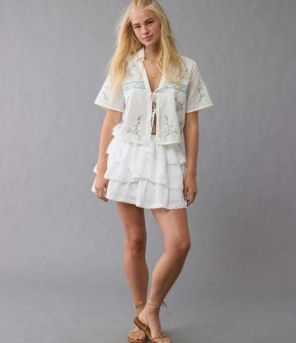 American Eagle White Embroidered Blouse - Large