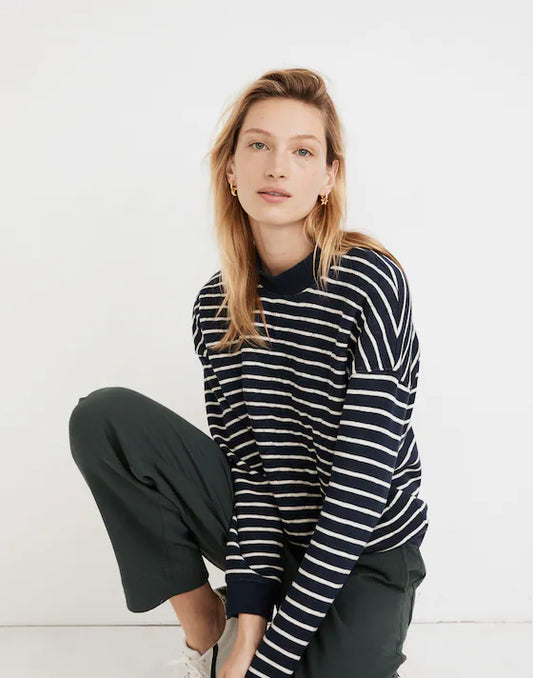 Madewell Quilted Studio Mockneck Stripe Sweatshirt in Dark Nightfall - Medium