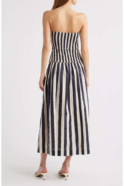Moon River Stripe Ruched Strapless Midi Dress in Navy/White - Medium