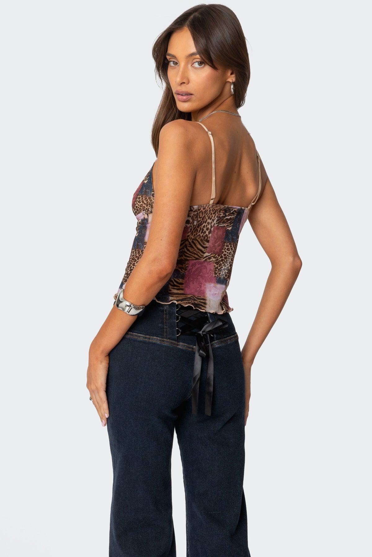 Edikted Mixed Animal Print Mesh Tank Top - Medium