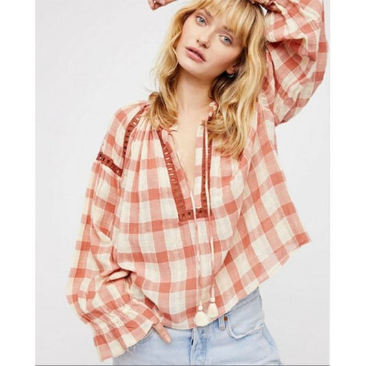 Free People Honey Grove Pink Gingham Blouse - Medium