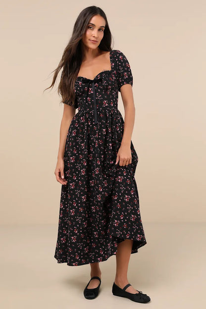 Lulus Black w/Red Floral Maxi Dress - XL