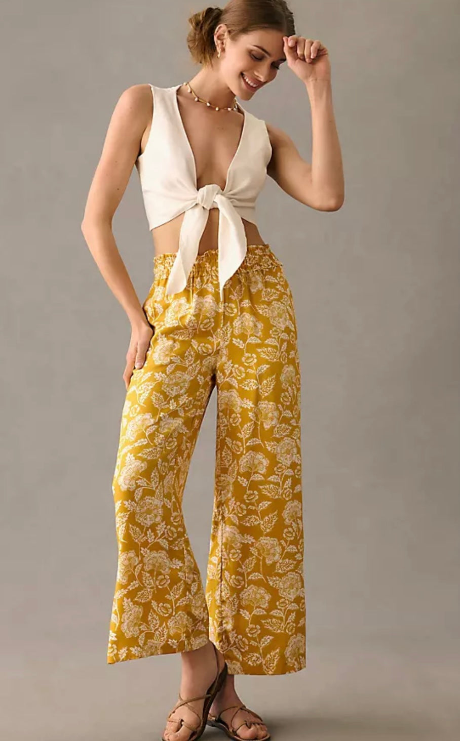 Anthropologie Yellow Floral Wide Leg Pants - Large