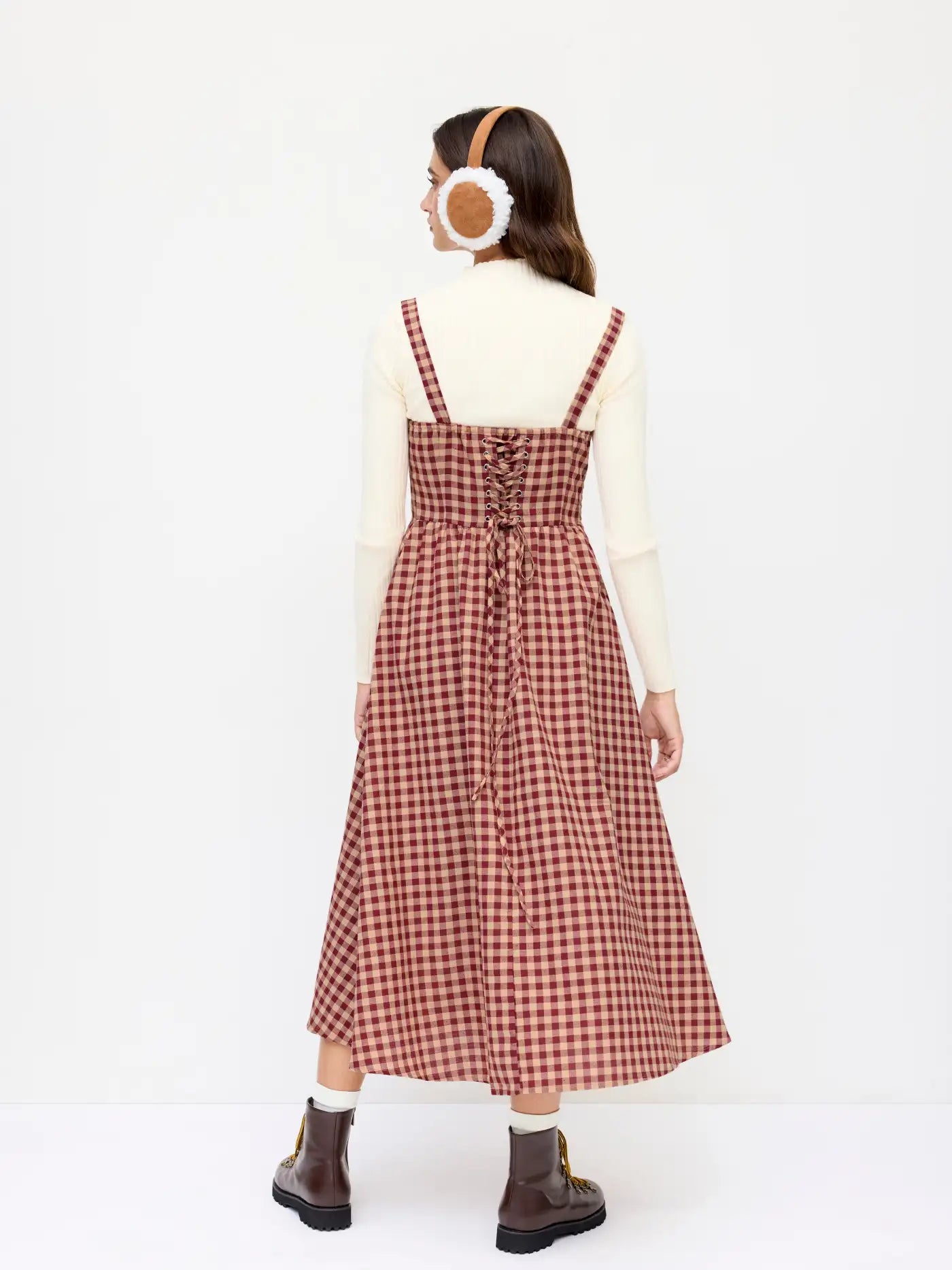 Cider Square Neck Gingham Dress in Wine - Large