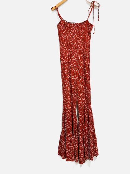 Storia Red Floral Smocked Flare Jumpsuit - Medium