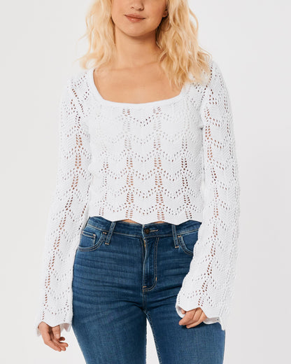 Hollister White Crochet Bell Sleeve Sweater - Small