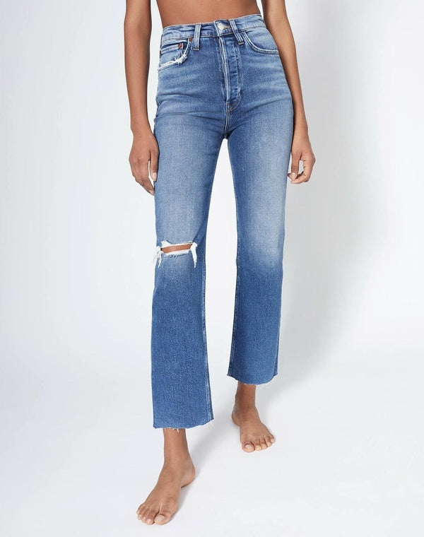 Re/Done Ultra High Rise Stove Pipe Jeans in Vintage Indigo Destroy - 26