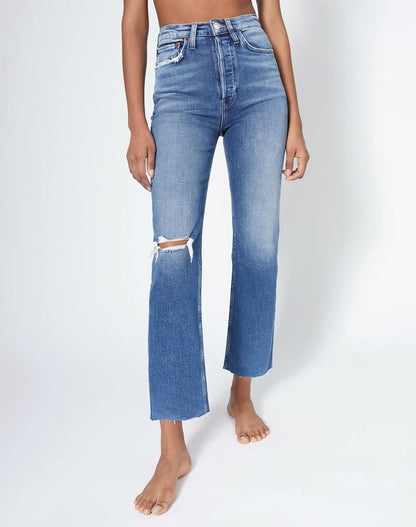 Re/Done Ultra High Rise Stove Pipe Jeans in Vintage Indigo Destroy - 26