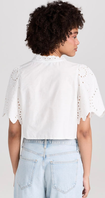 Moon River White Eyelet Tie Front Blouse - Medium