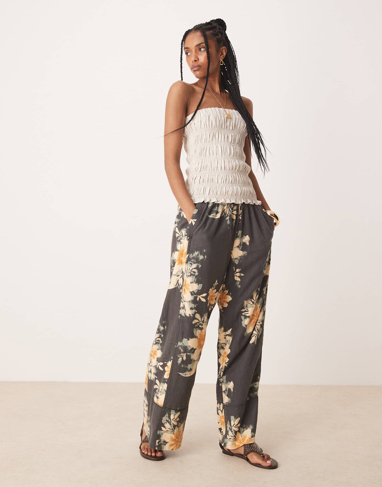 Free People Days End Printed Linen Blend Pant in Washed Black Combo - Small