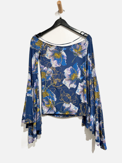 Free People Blue Floral Bell Sleeve Top - XS