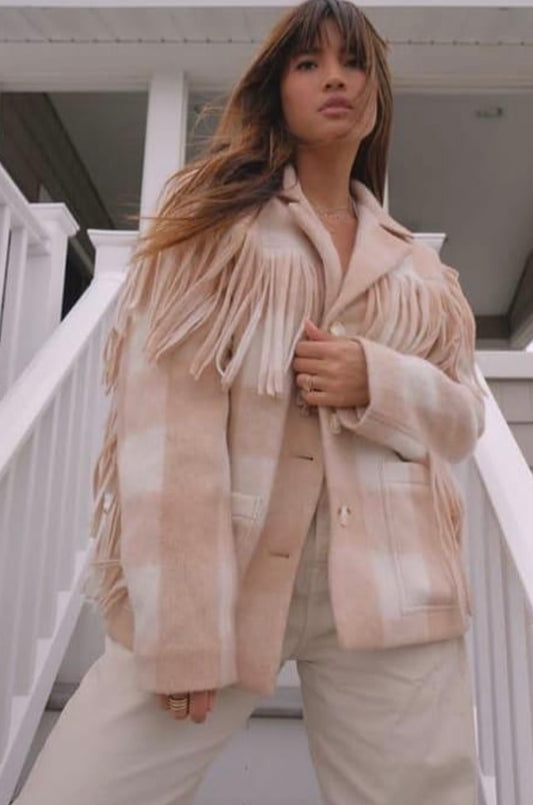 Saints & Hearts NWT Pink and White Flannel Fringe Jacket - M/L