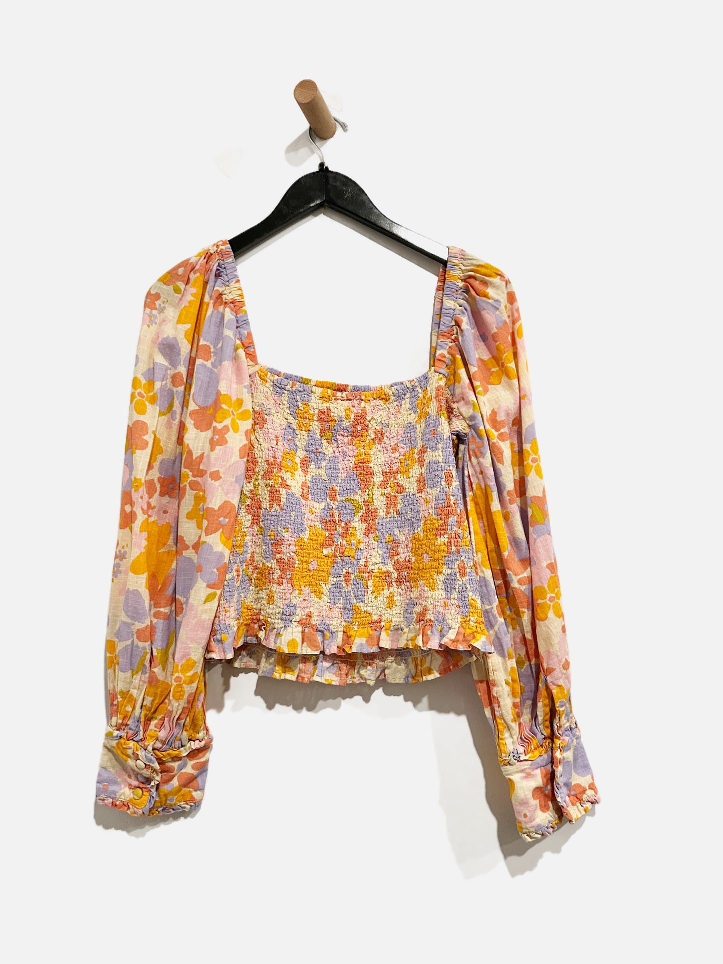Free People Yellow Floral Smocked Blouse - Large