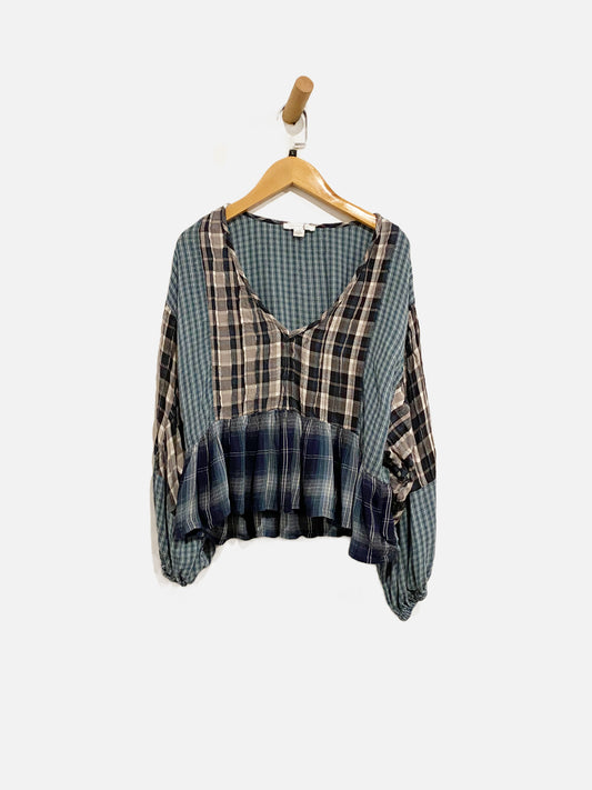 American Eagle Blue Plaid Ruffle Blouse - Large