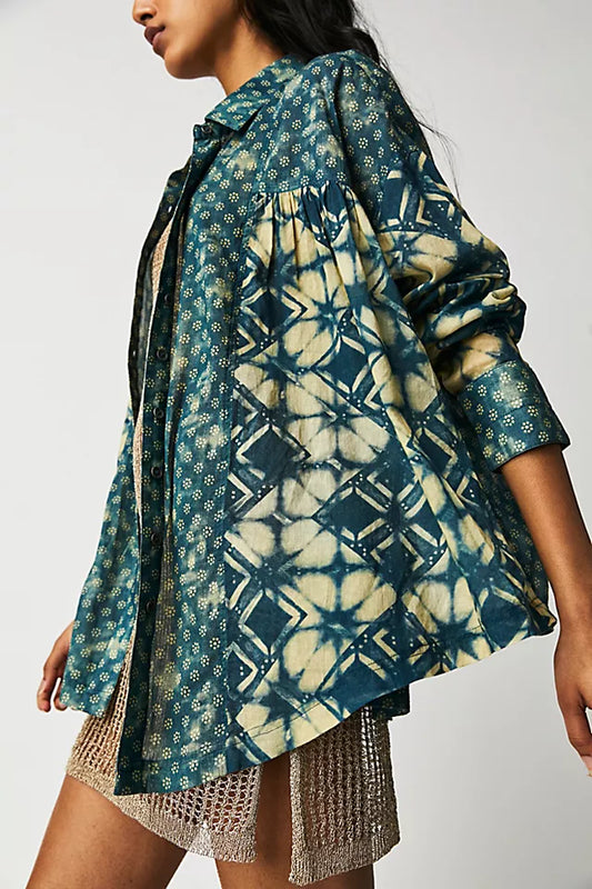 Free People Indigo Sunshine Blue Tie Dye Floral Button Down - Small