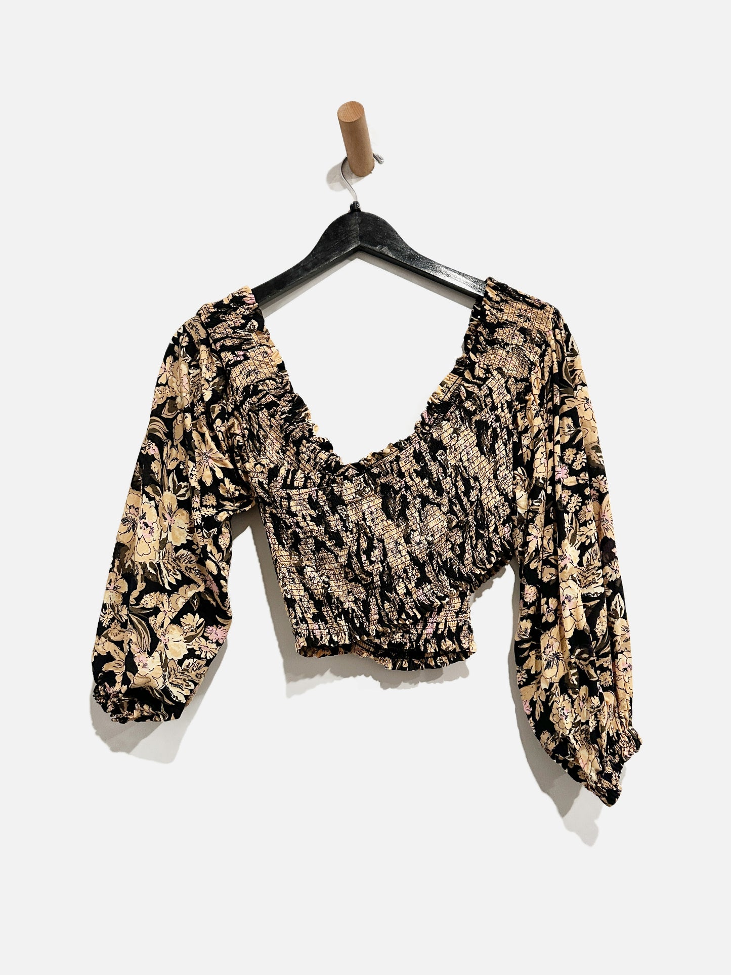 Free People Black Floral Smocked Wrap Top - Small