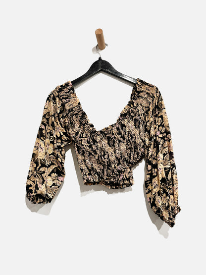 Free People Black Floral Smocked Wrap Top - Small