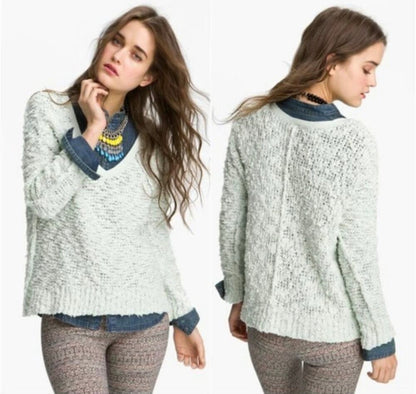 Free People Songbird Chunky Knit Sweater in Mint Green - XS