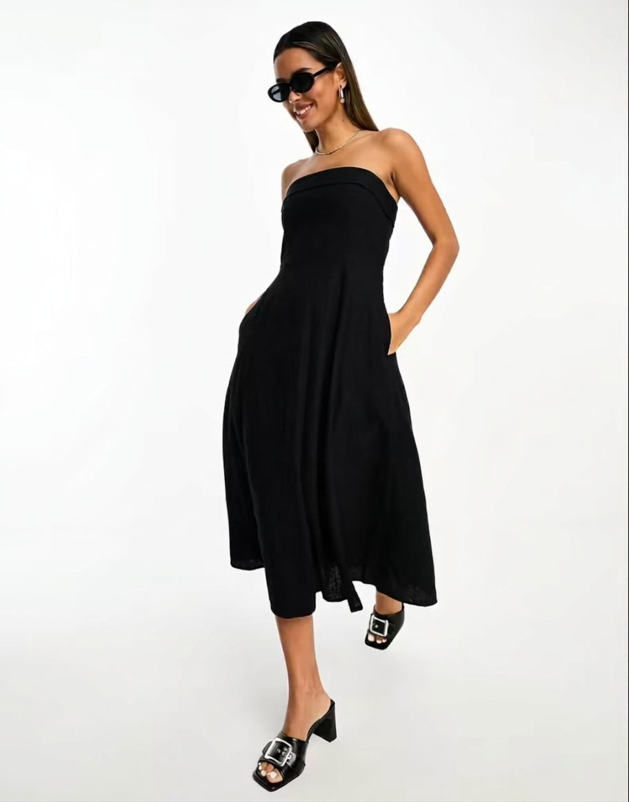 Abercrombie & Fitch Black StraplessLinen Midi Dress - XS