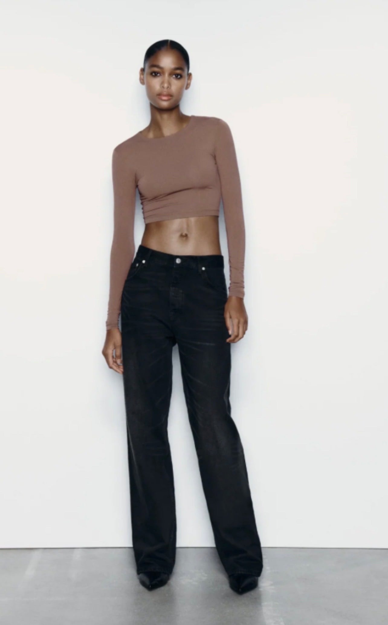 Zara Brown Polyamide Long Sleeve Cropped Top - Small