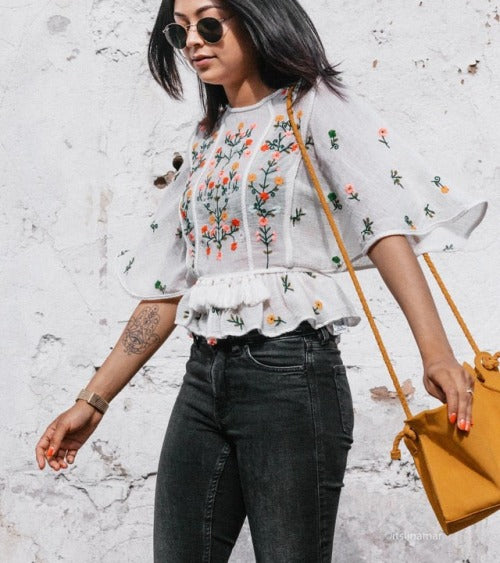 Zara Cream Floral Embroidered Blouse - Large